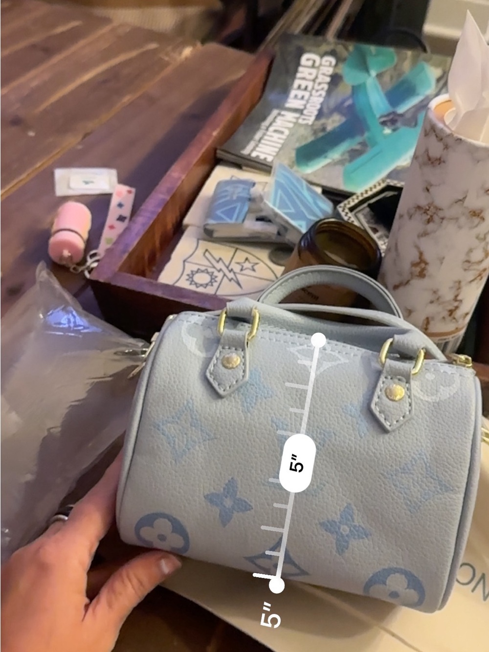 Unlisted Light Blue & White Mini Top-Handle Bag with Gold Hardware - Picture 13 of 14